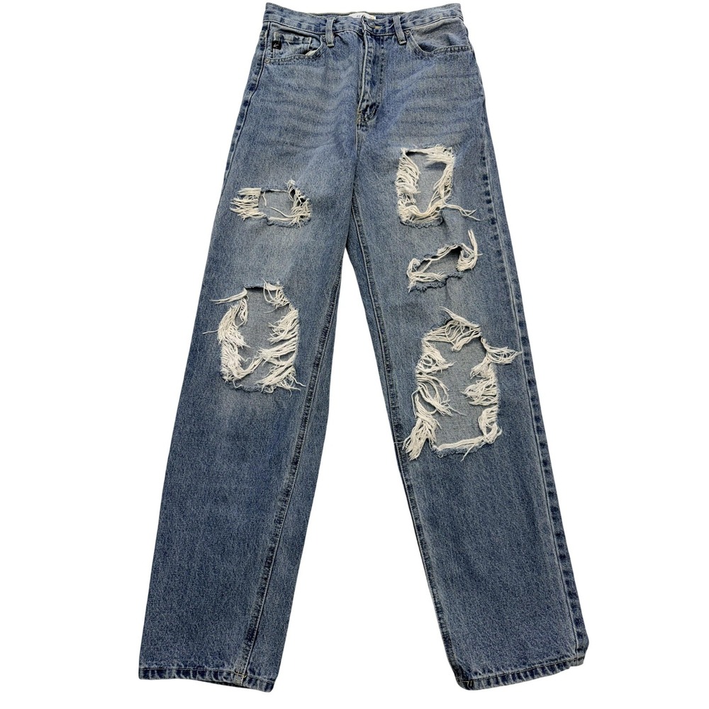 KanCan Jeans Womens 3/25 Blue Med Wash High Rise‎ Straight Distressed 26x30
